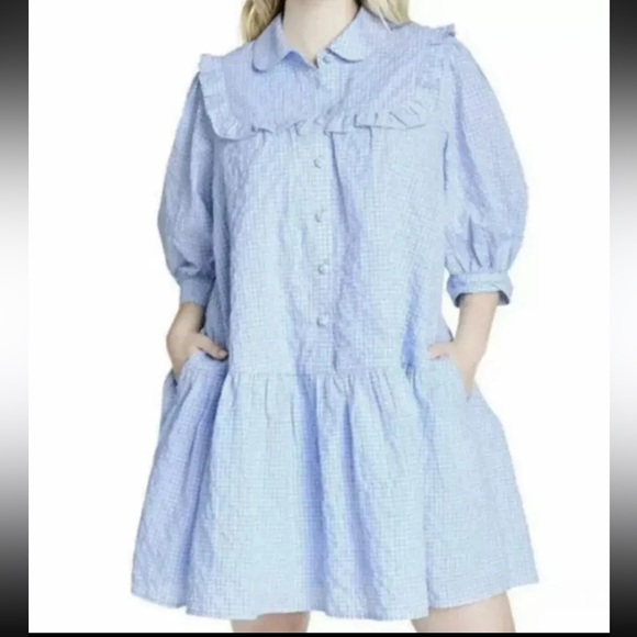 Sandy Liang Gingham Square Ruffle Yoke Botton Front Dress Tiered Coastal Cottage - Picture 6 of 13